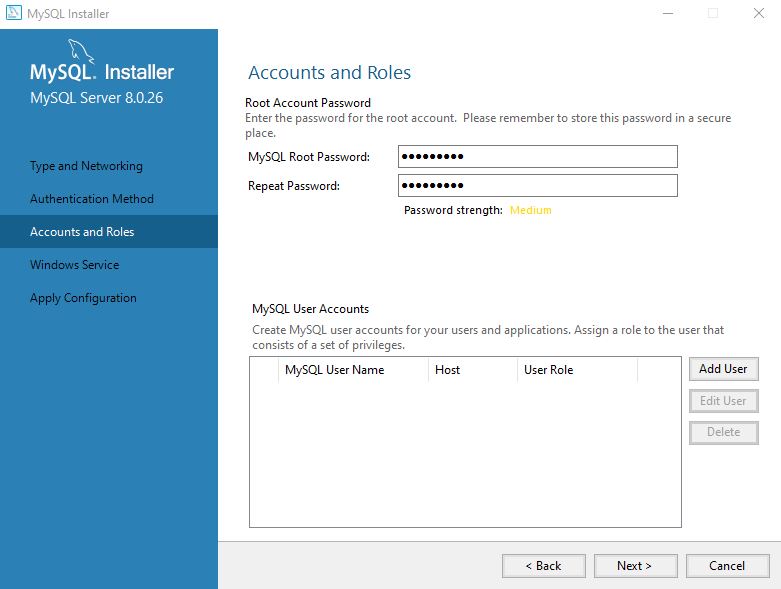 accounts and roles - Install MySQL 8 on Windows