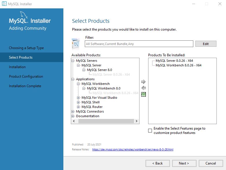 select products from mysql installer